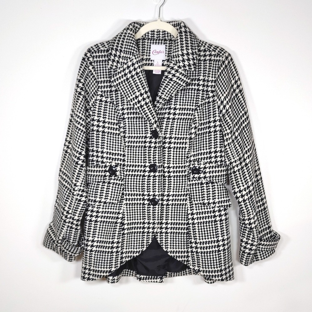 Candies Houndstooth Plaid Coat Large Black White Mod Preppy Academia Outerwear